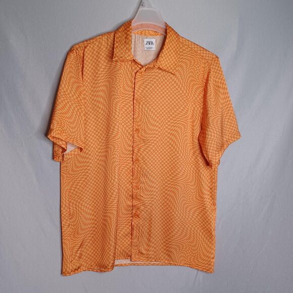 ZARA Shirt Mens Medium Orange Short Sleeve Button Up Op Art Psychedelic Party - Picture 1 of 11